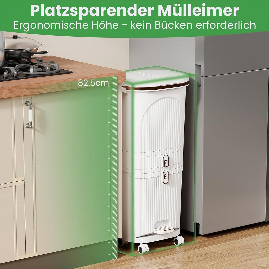 GIANTEX Mülleimer Küche 42 L, Mülltrennsystem 3 Fächer & Schublade, Abfalleimer mit Rollen, Küchenmü