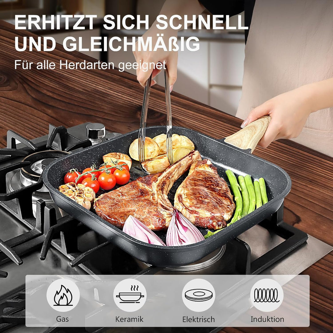 GiPP Grillpfanne 28 x 28 cm, Steakpfanne, Grillpfanne Induktion Aluguss mit Granit-Antihaftbeschicht