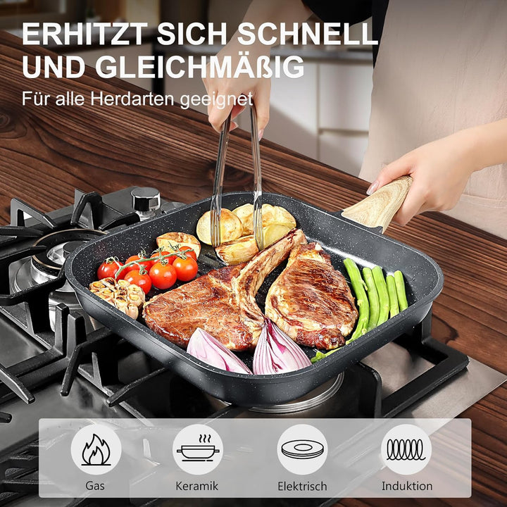 GiPP Grillpfanne 28 x 28 cm, Steakpfanne, Grillpfanne Induktion Aluguss mit Granit-Antihaftbeschicht