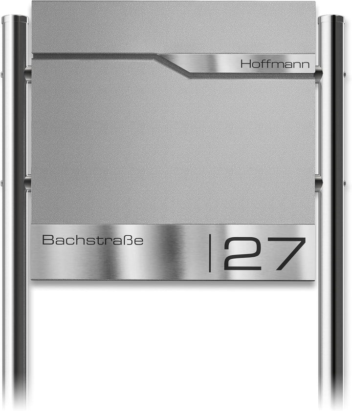 Metzler Standbriefkasten in Graualuminium - Pulverbeschichtet & mit Zeitungsfach - Inkl. Edelstahl S