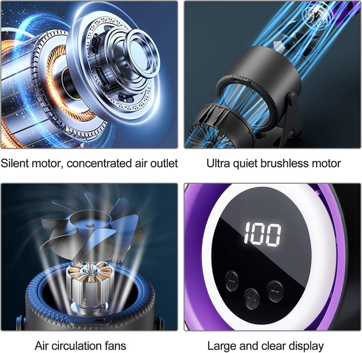 BORDEAG Wiederaufladbarer USB-Ventilator mit Digitalanzeige 100 Geschwindigkeiten, 360° Drehung, Lei