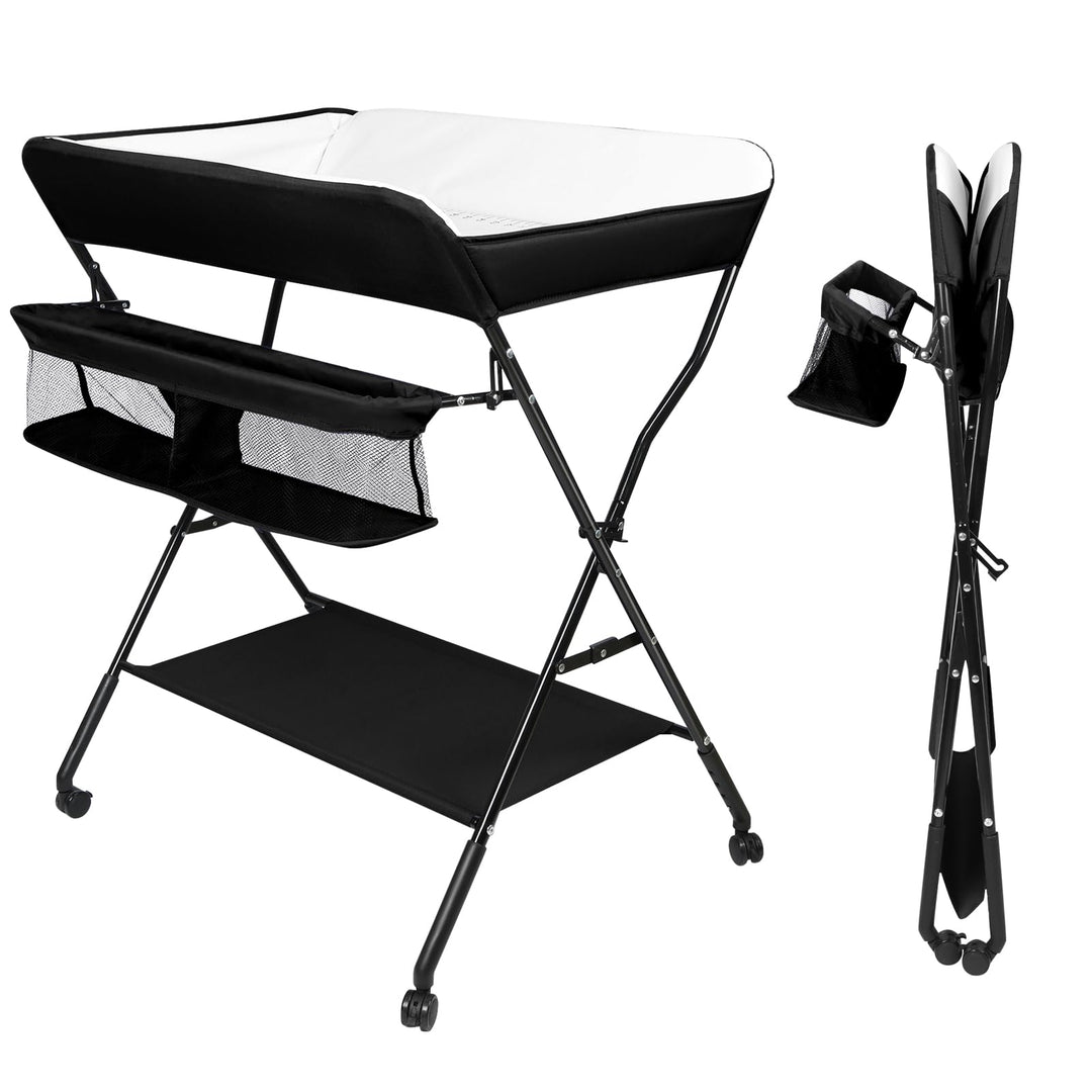 OHMG Baby Wickelkombi Klappbare Wickelkommode,Wickeltisch mit Rollen,Mobiler Wickeltisch mit Wickela