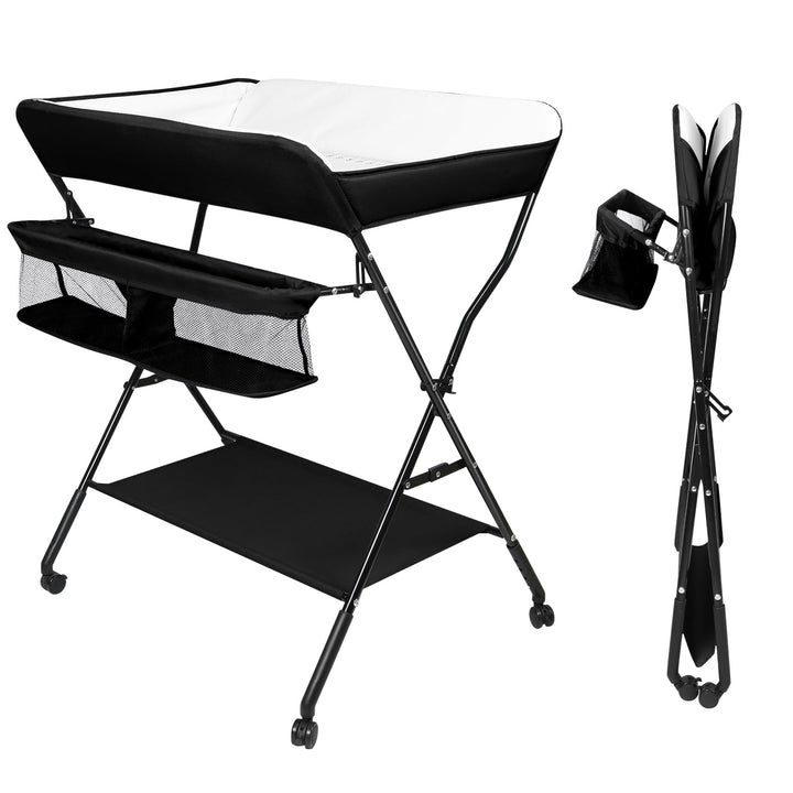 OHMG Baby Wickelkombi Klappbare Wickelkommode,Wickeltisch mit Rollen,Mobiler Wickeltisch mit Wickela