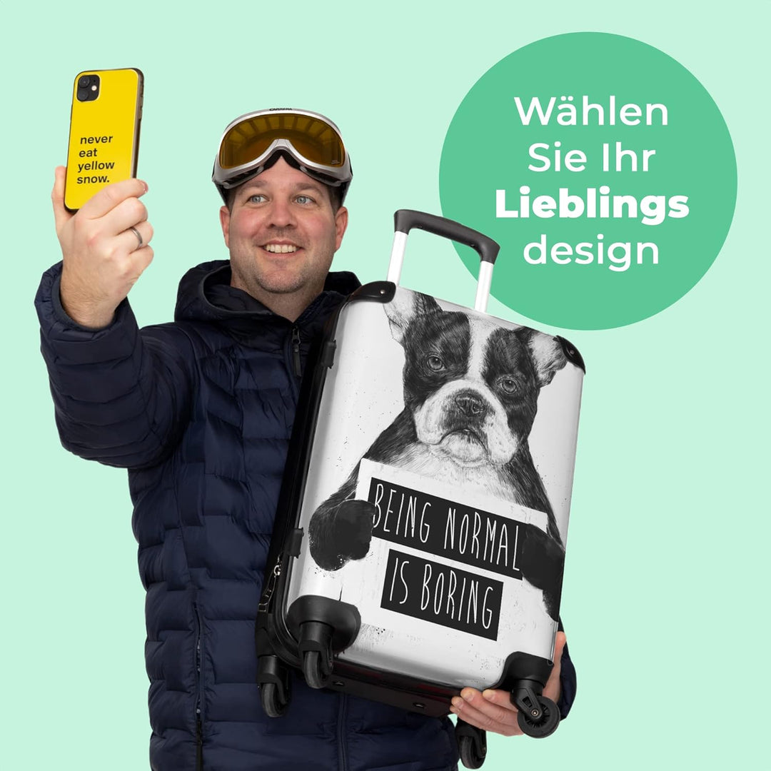 Koffer gross Trolley Rollkoffer Reisekoffer mit 4 Rollen Fotokoffer - Hund - Zeichen - Text - Tiere