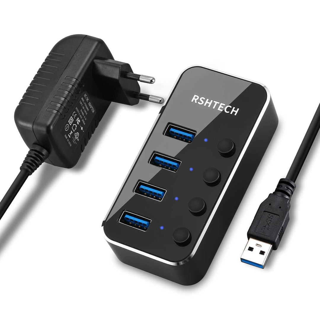 RSHTECH USB Hub Aktiv 3.0 mit Netzteil, USB 3.0 Hub Aktiv mit 4 Ports USB Verteiler 3.0 Datenhub mit