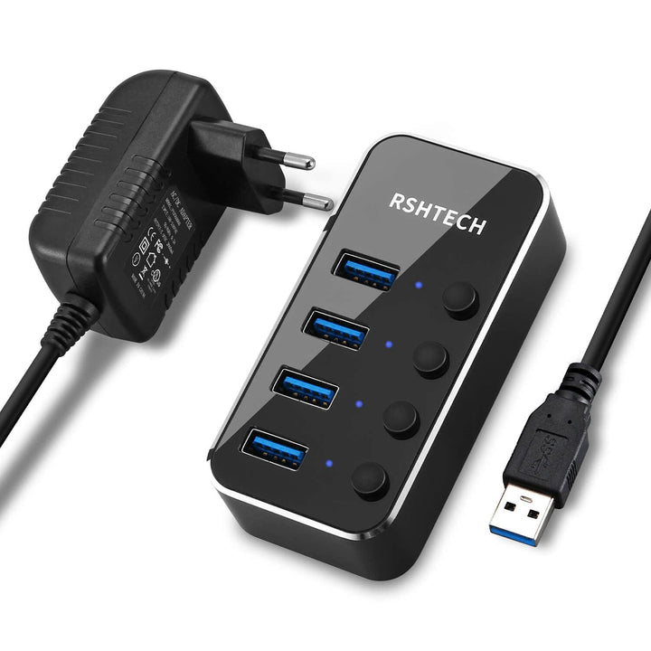 RSHTECH USB Hub Aktiv 3.0 mit Netzteil, USB 3.0 Hub Aktiv mit 4 Ports USB Verteiler 3.0 Datenhub mit