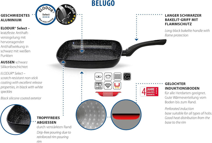 ELO 59558 Grillpfanne 28x28cm PURE BELUGO innen mit keramischer Beschichtung, geeignet für alle Herd