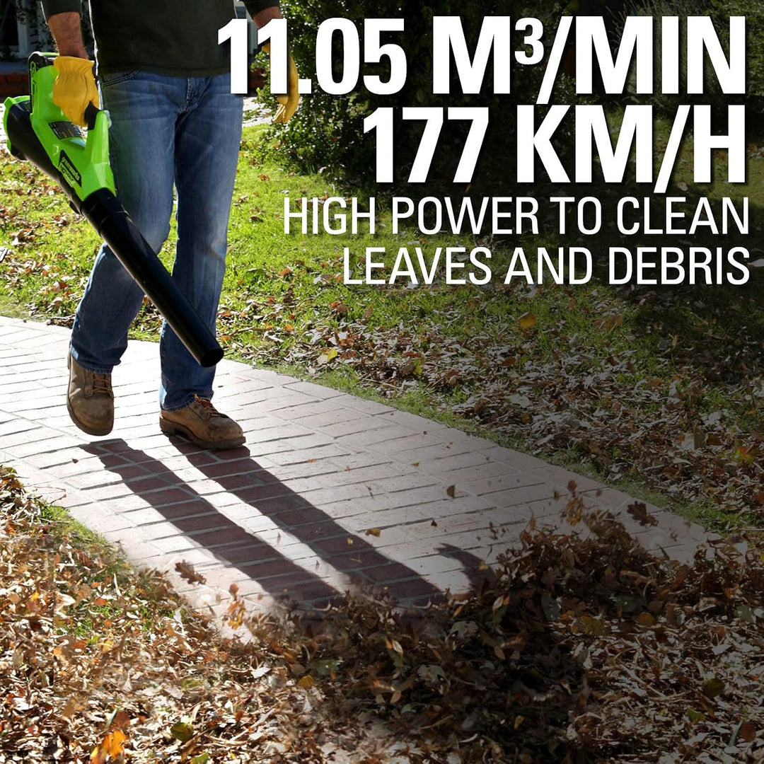 Greenworks G40ABK2 Axial Laubbläser mit Tempomat, 177 km/h, 11,05 m³/min, 40V 2Ah Batterie & Ladeger