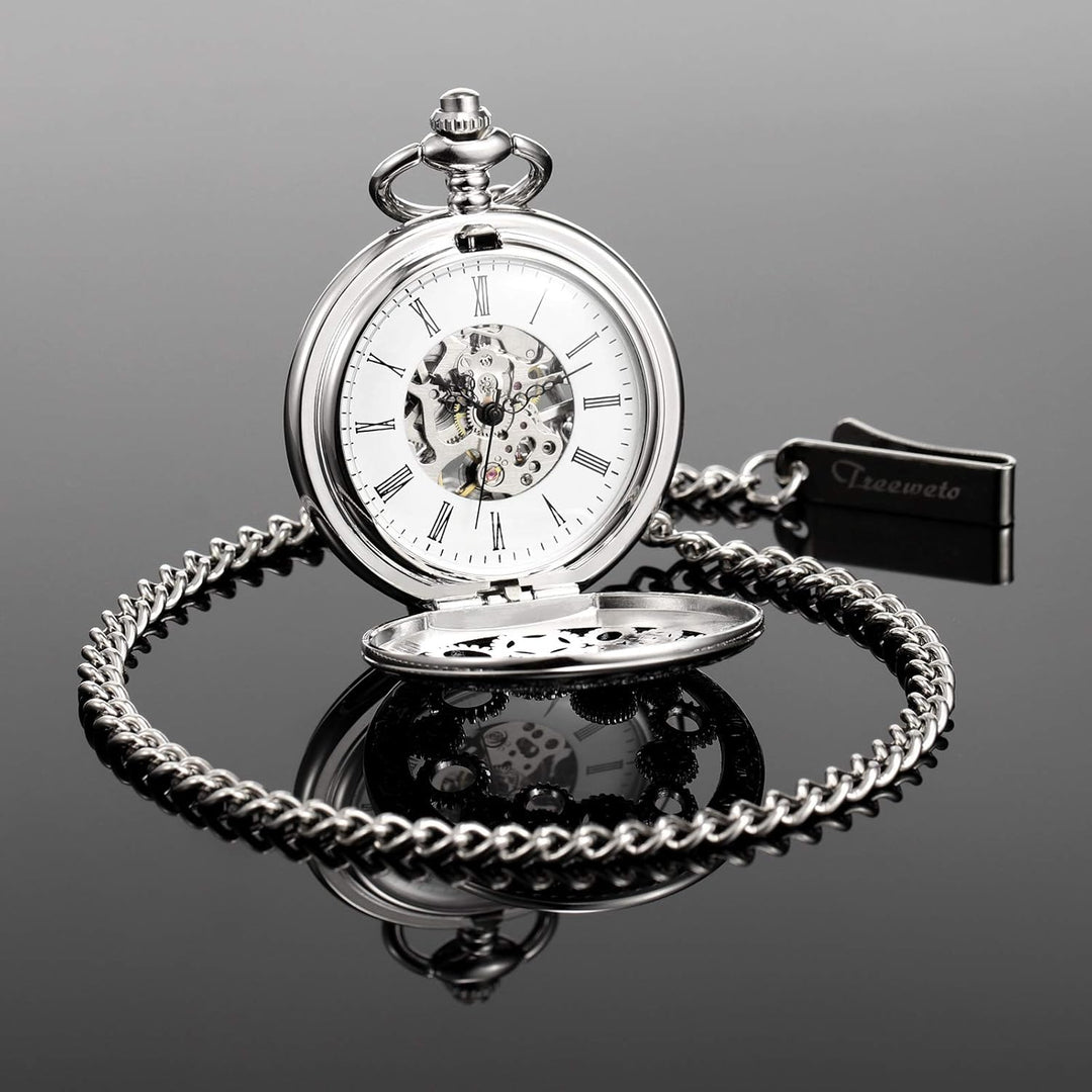 TREEWETO Unisex Taschenuhr mit Kette Analog Handaufzug Antik Zahnrad verziert Römische Silber