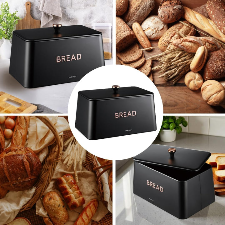 KING HOFF ELEGANTER,MODERNER BROTKASTEN AUS EDELSTAHL LEICHTE KONSTRUKTION GOLDENE AKZENTE (Schwarz)