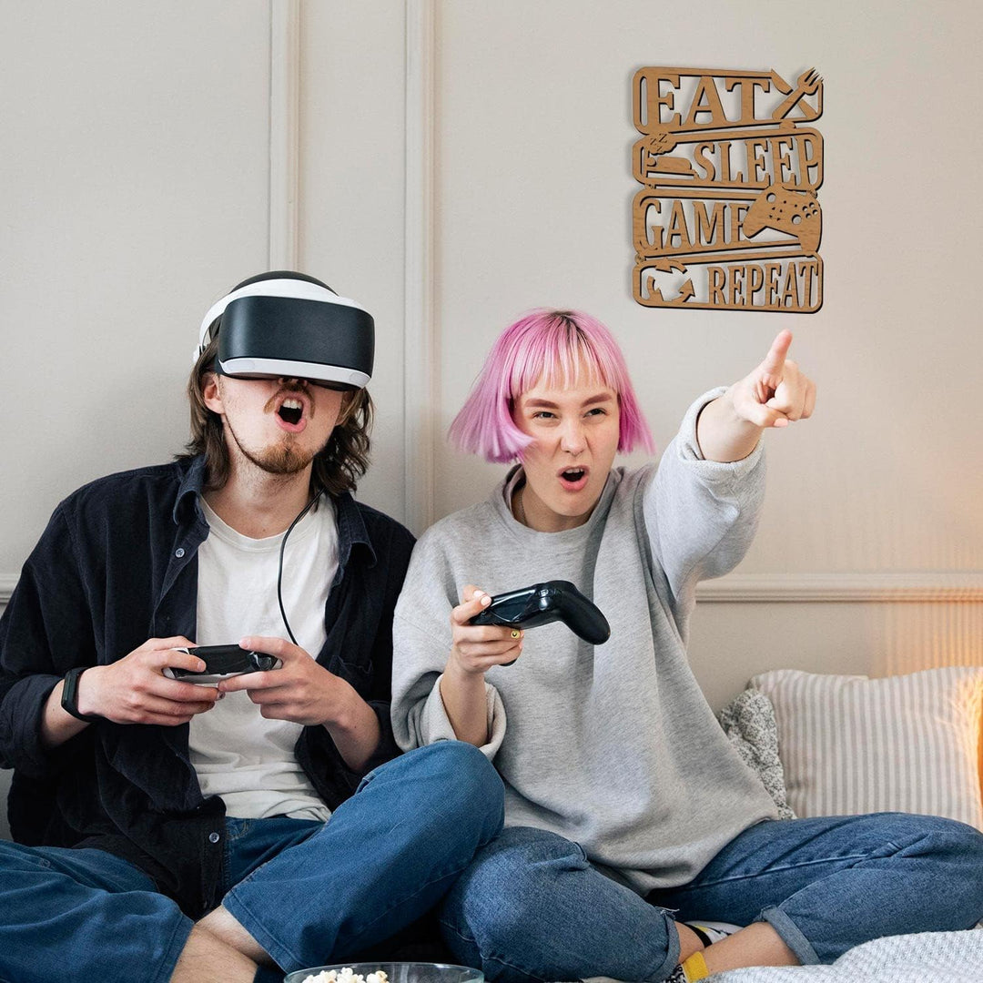 Namofactur Eat Sleep Game Repeat Deko Gamer Zimmer Wand I Wandlampe Geburtstag Gamer I MDF Holz Deko