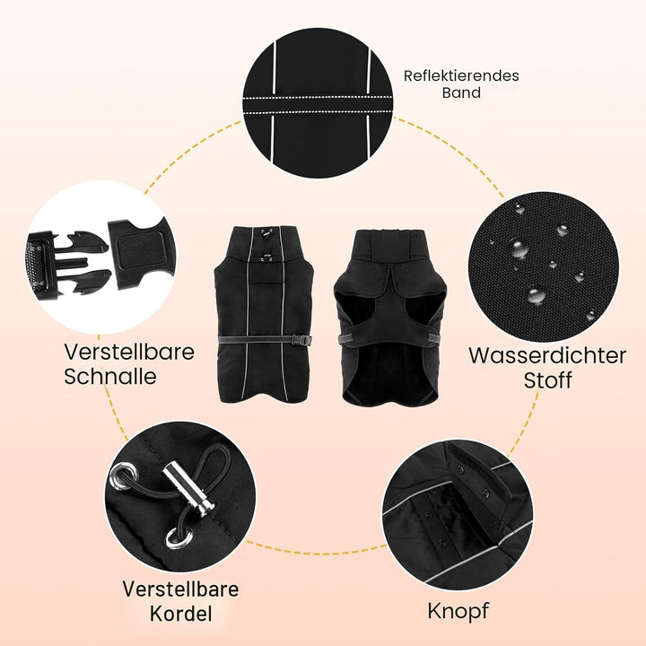 Warme Hundemäntel, wasserdichte Reflektierende Hundejacke, Winddichter Wintermantel mit Hohem Kragen