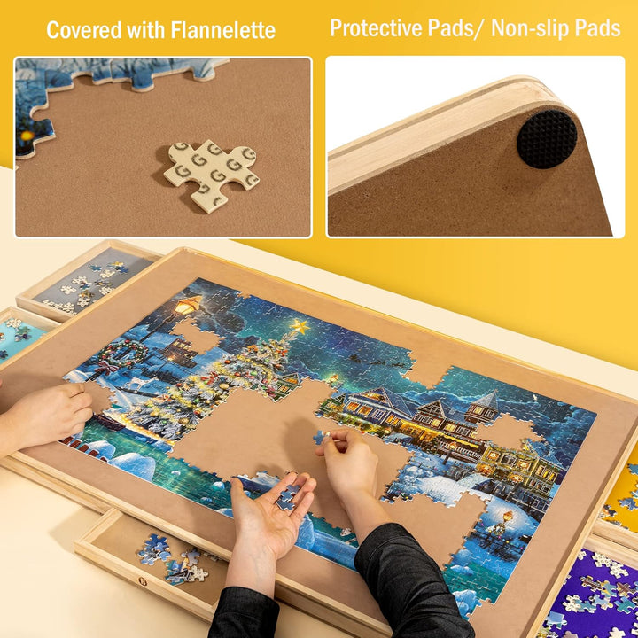 Becko US Puzzle Board with Cover & 6 Press Open/Close Drawers, Wooden Jigsaw Puzzle Table with Color