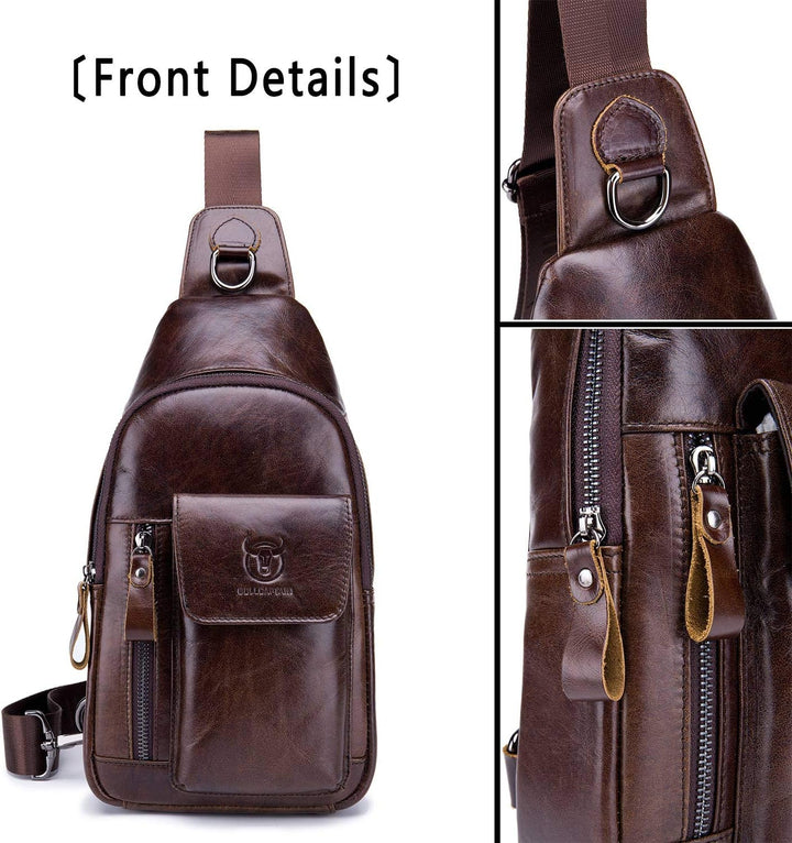 BULLCAPTAIN Herren-Umhängetasche, Leder, Schultertasche, lässiger Tagesrucksack, Brusttaschen für Re