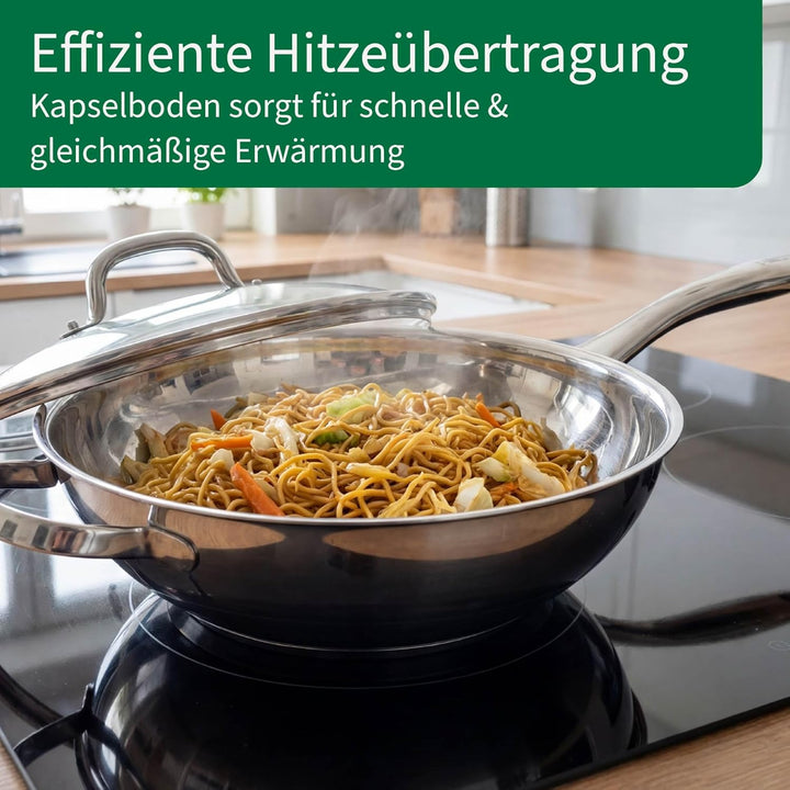 FACKELMANN Chefkoch trifft Wok Rosenheim – Ø28 cm, Glasdeckel inkl. Dampföffnung und Aluminiumkern,