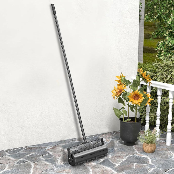 Aerifizierer für Rasen, Walzentyp Rasenbelüfter, Hand Rasenlüfter mit Stiel & 5cm Nägeln & Spritzsch