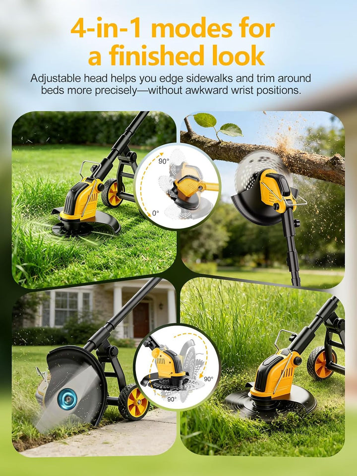 Akku Rasentrimmer mit Rädern 4 in 1,30CM Elektro Rasentrimmer mit 2 * 3000 mAh Batterie und Ladegerä