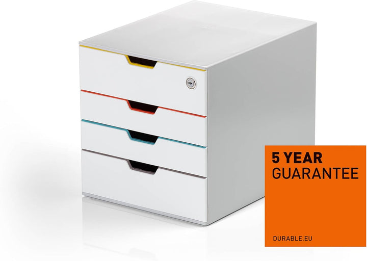 Durable Schubladenbox A4 (Varicolor Mix Safe) 4 Fächer, mit Schloss & Etiketten zur Beschriftung, me