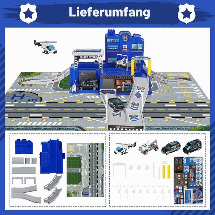 deAO City Police Station mit Polizeiauto, Hubschrauber, Polizei Büro Bauen, Polizeistation Bauspielz
