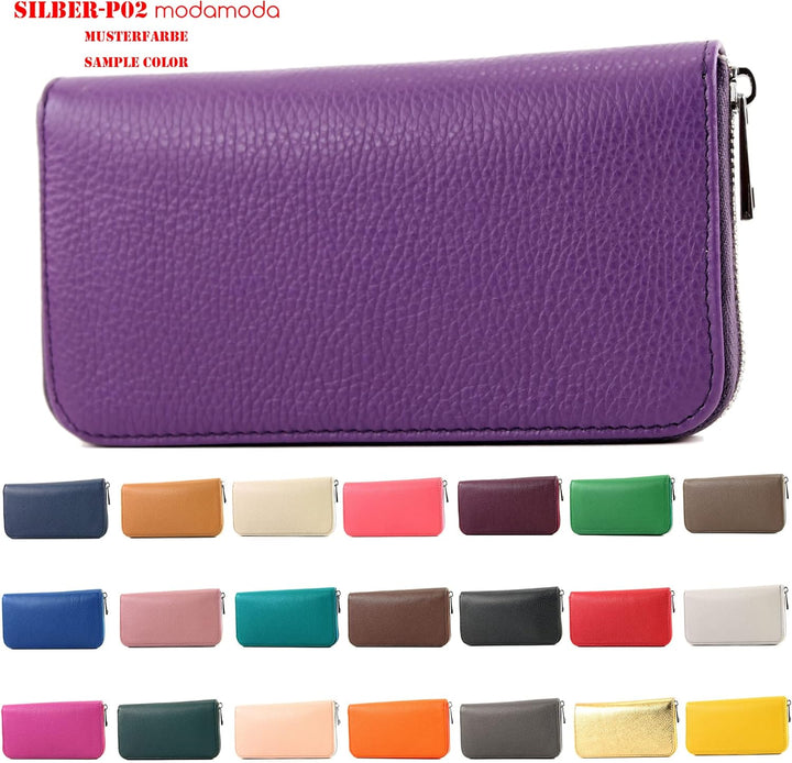 modamoda de - SILBER-P02 - ital. Damen Portemonnaie Echtleder lang, Farbe:Blume-01, Blume-01