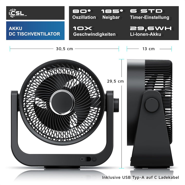 CSL - Akku Tischventilator mit Fernbedienung – sehr leise - Oszillation – 10 Geschwindigkeitsstufen