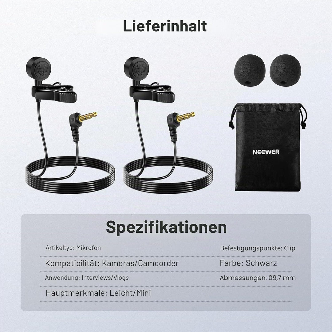 NEEWER Lavalier Mikrofon ø9,7mm (2er Pack), 3,5mm TRS Wired Ansteckmikrofon, omnidirektionales Konde