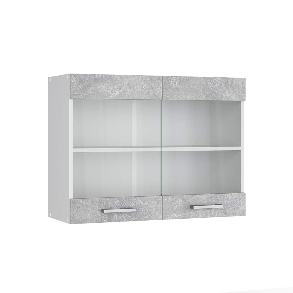 Vicco Küchenschrank Glas R-Line, Beton/Weiss, 80 cm Beton Hängeglasschrank 80cm, Beton Hängeglasschr