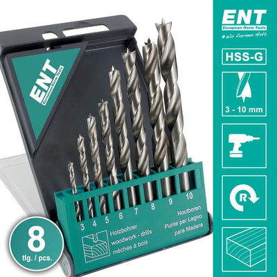 ENT 09248 8-tlg. HSS-G Holzbohrer-Set - 3-10 mm - geschliffener HSS-Holzspiralbohrer