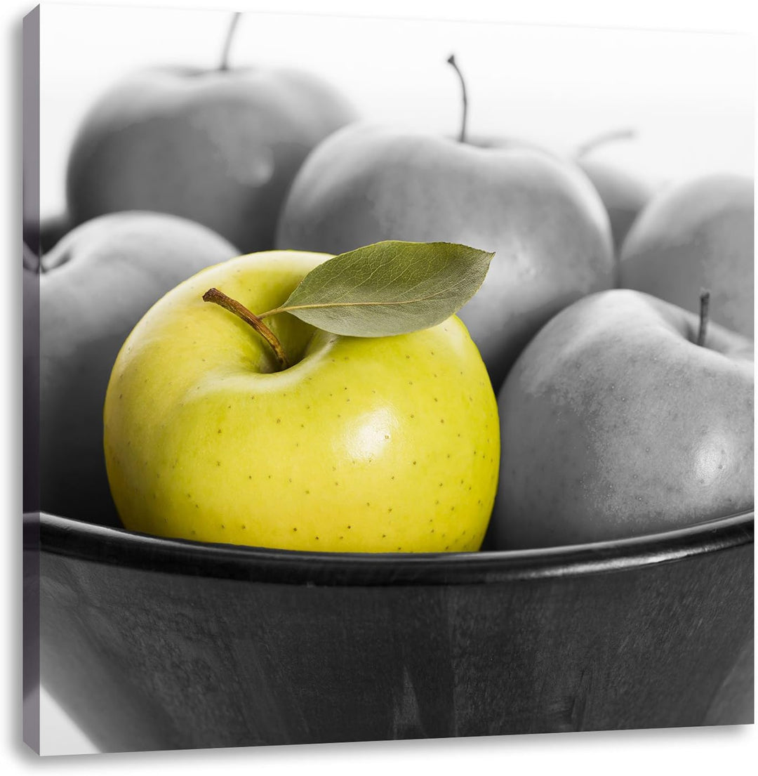Pixxprint Apple Apfel Korb mit grünen Äpfeln schwarz/weiss, Format: 70x70 auf Leinwand, 70x70