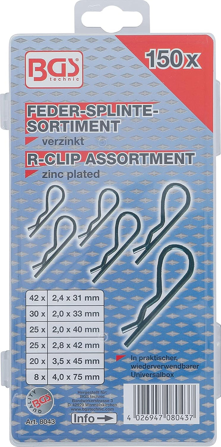 BGS 8087 | Klappsplinte-Sortiment | 50-tlg. | Klappstecker | verzinkt | 4,5 - 6 - 8 - 11 mm & BGS 80