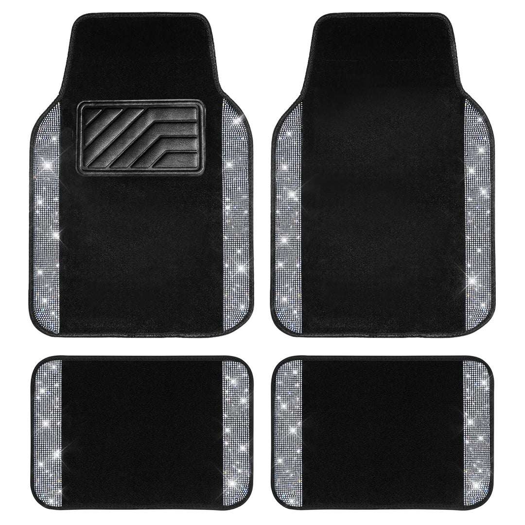 CAR PASS Universal Fit Glorious Strass-Teppich und Leder, komplettes Set, 4-teilig (schwarz und silb
