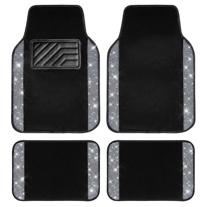 CAR PASS Universal Fit Glorious Strass-Teppich und Leder, komplettes Set, 4-teilig (schwarz und silb
