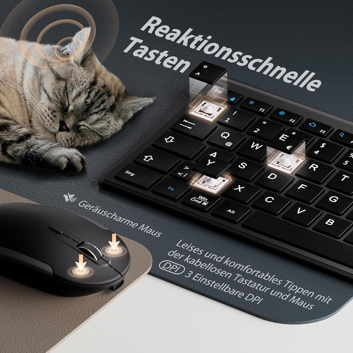 iClever 2.4G Tastatur Maus Set Kabellos, Aluminium Wireless Slim Tastatur QWERTZ Layout (Deutsch), f