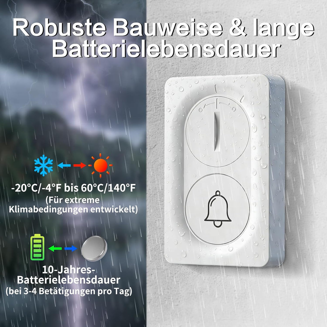 Doppelstromversorgung Funkklingel Set (1 Sender + 1 Empfänger), Batteriebetrieb oder USB-C, zahlreic
