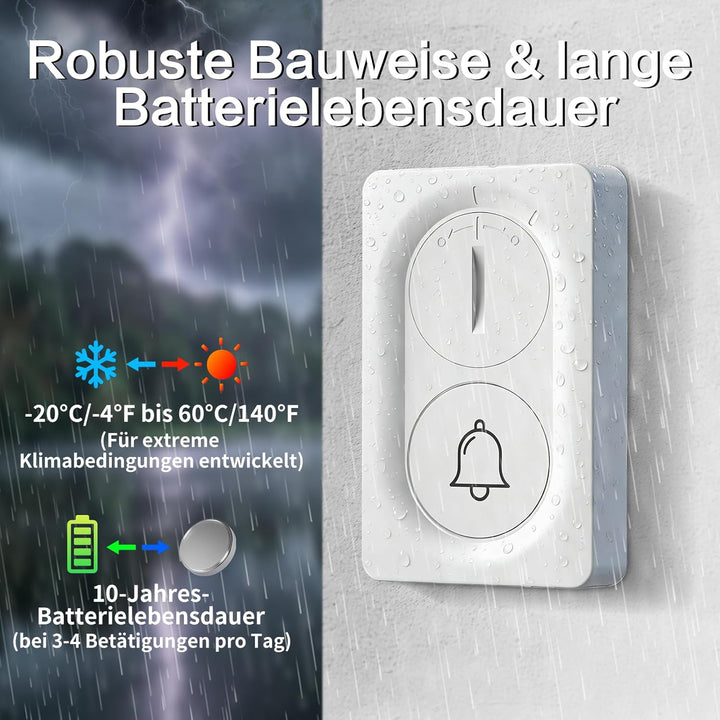 Doppelstromversorgung Funkklingel Set (1 Sender + 1 Empfänger), Batteriebetrieb oder USB-C, zahlreic