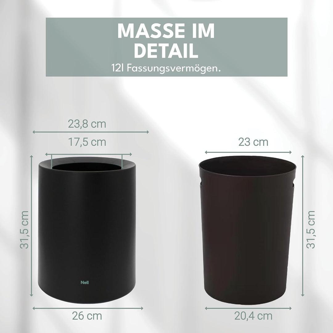 12L Mülleimer Schwarz Matt – Vielseitiger Badezimmer Papierkorb & WC Mülleimer, Büro Mülleimer Schwa