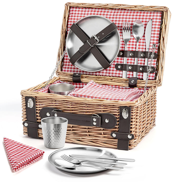 Weiden-Picknickkorb für 2 Personen, Weidenkorb mit Wasserfester Picknickdecke und Besteckset, Pickni