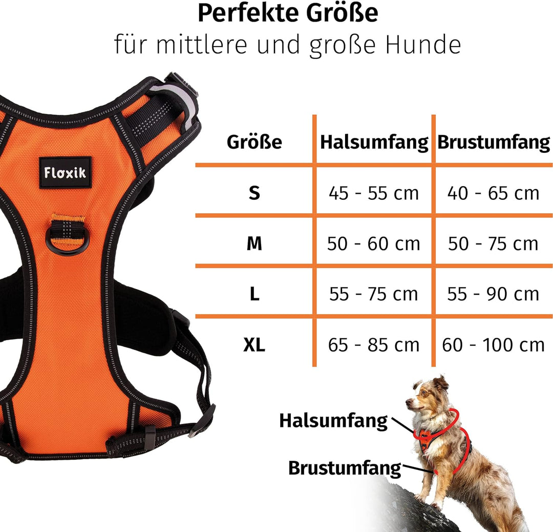 Floxik Hundegeschirr orange L | Anti Zug Brustgeschirr reflektierend & gepolstert mit Haltegriff für