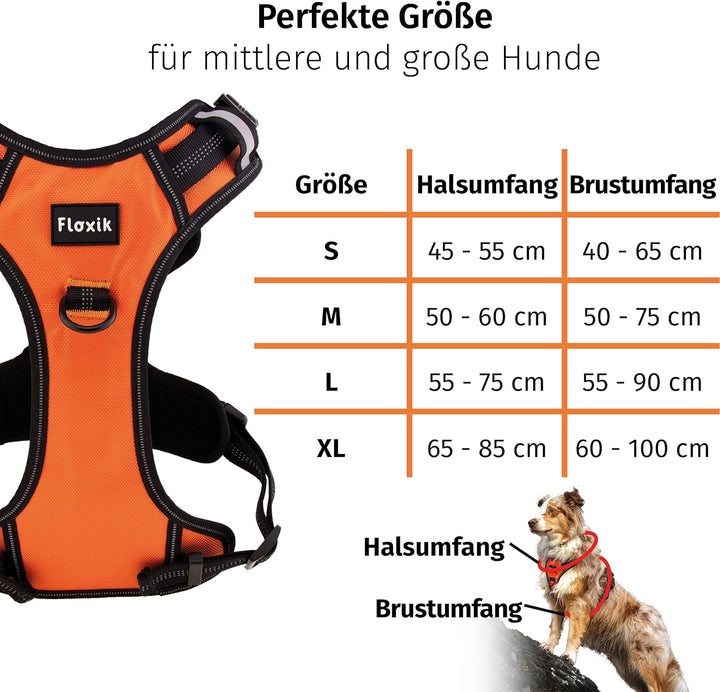 Floxik Hundegeschirr orange L | Anti Zug Brustgeschirr reflektierend & gepolstert mit Haltegriff für