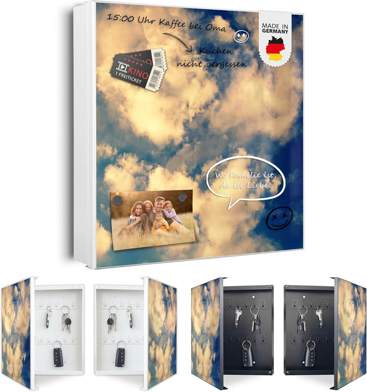 banjado® Grosser Schlüsselkasten Glas/Schlüsselbox 30cm x 30cm mit 50 Haken - Motiv Wolken 3 / Schlü