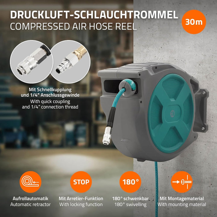 ECD Germany Druckluftschlauchtrommel 30m+2m, Automatischer Aufroller mit Arretierfunktion, 1/4" Ansc