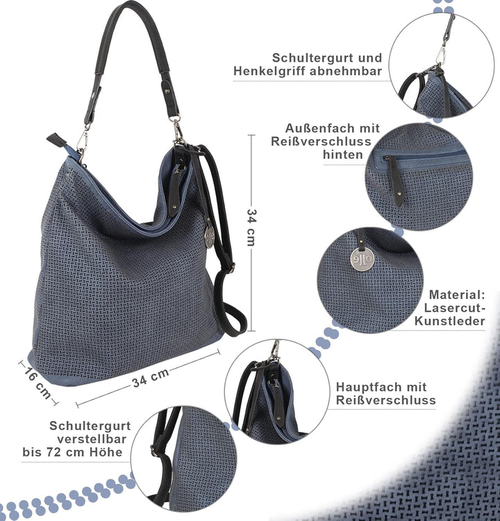 Jennifer Jones - Modische Damen Handtasche - 34 x 34 x 16 cm - austauschbare Henkel - Dunkel Blau, B
