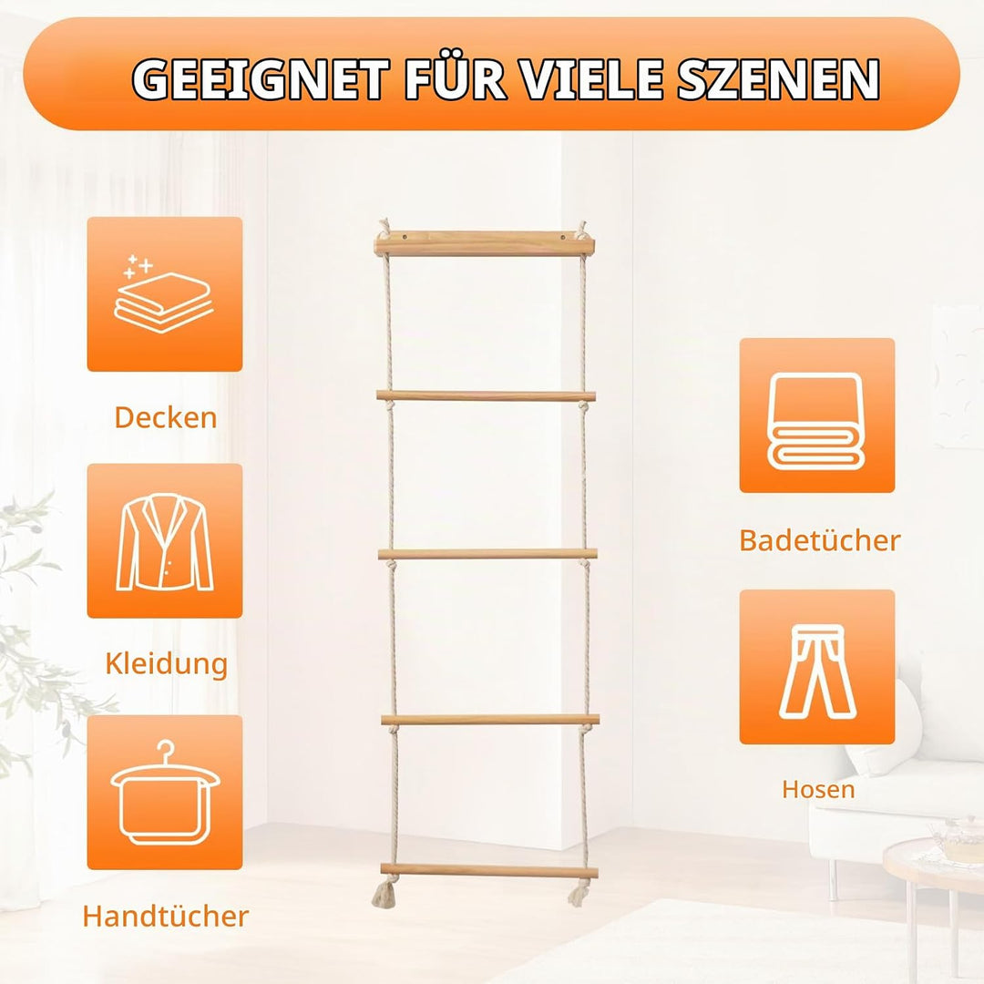 Handtuchleiter, 5-Schicht Handtuchregal Badezimmer Wand Montage Strickleiter Handtuchständer Holz mi