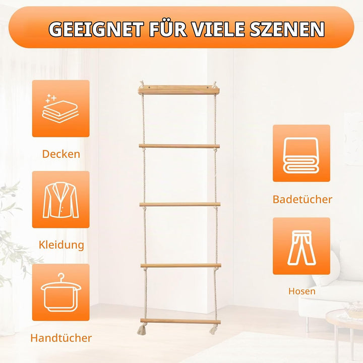 Handtuchleiter, 5-Schicht Handtuchregal Badezimmer Wand Montage Strickleiter Handtuchständer Holz mi