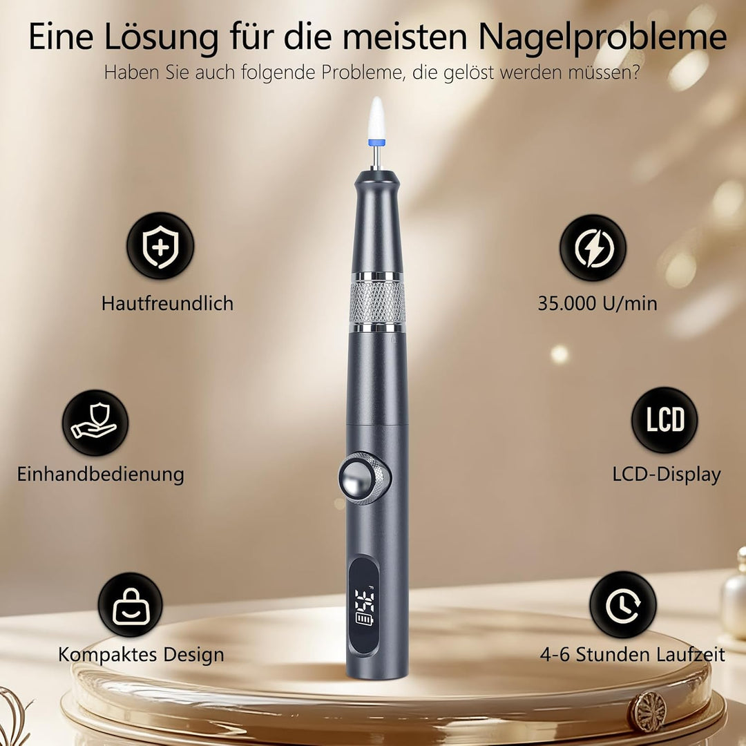 Elektrische Nagelfräser 35000 U/min mit LCD und 12 Aufsätzen | Elektrische Nagelfräser kabellos mit