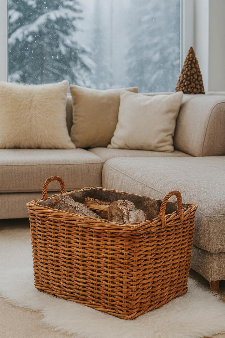 Holztrage Holzkorb für Kaminholz - Rattan Lacak mit abnehmbarem Leinenstoff