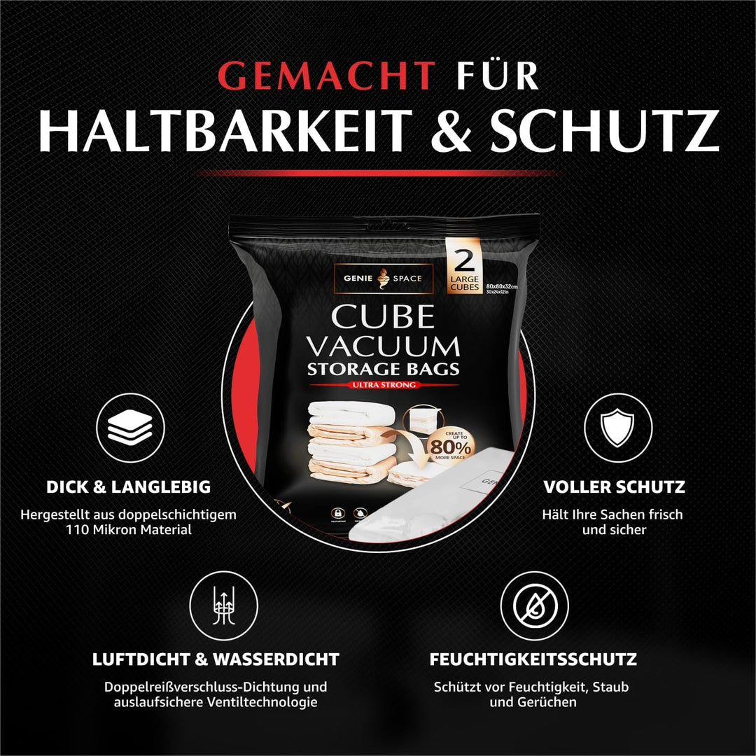 GENIE SPACE Premium Cube Vakuumbeutel für Kleidung, Bettwäsche &amp; Aufbewahrung – 2er Pack GROSS (80×6