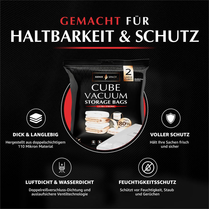 GENIE SPACE Premium Cube Vakuumbeutel für Kleidung, Bettwäsche &amp; Aufbewahrung – 2er Pack GROSS (80×6