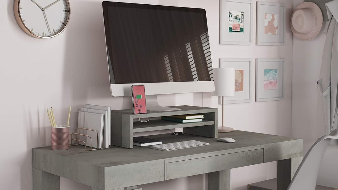 MOBILI FIVER, Monitorständer Riki, H.15 cm, Farbe: Grauer Beton, Laminiert, Made in Italy Altezza 15