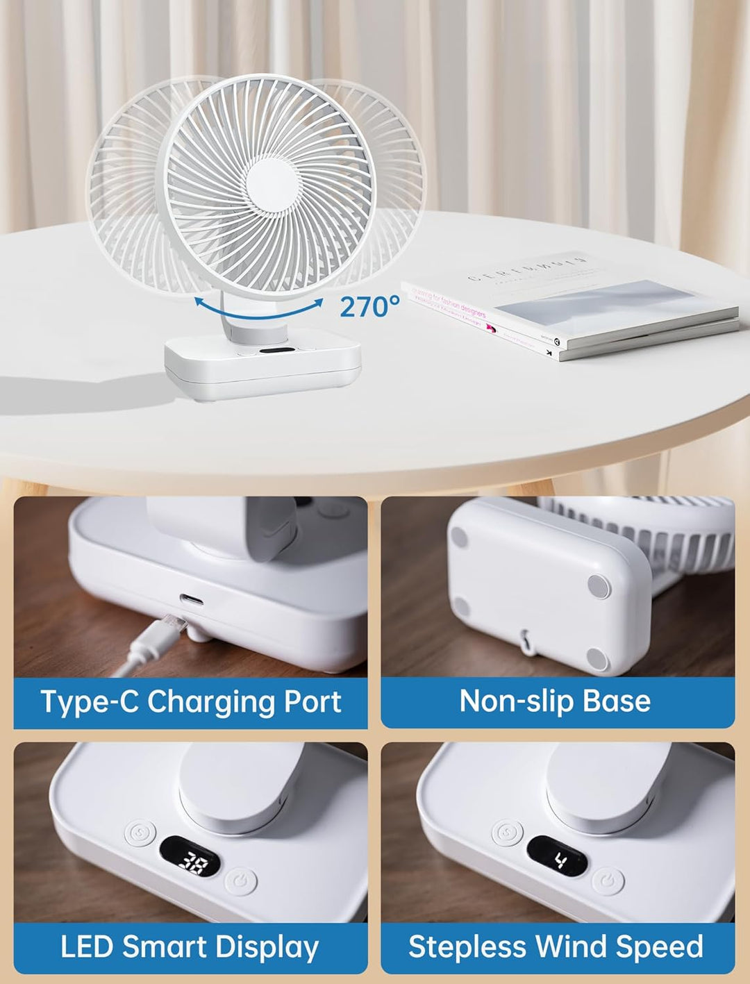 Mini Ventilator Oszillierend Ultra Leise, 4000mAh Akku Klein Tischventilator(4-13h), 4 Geschwindigke